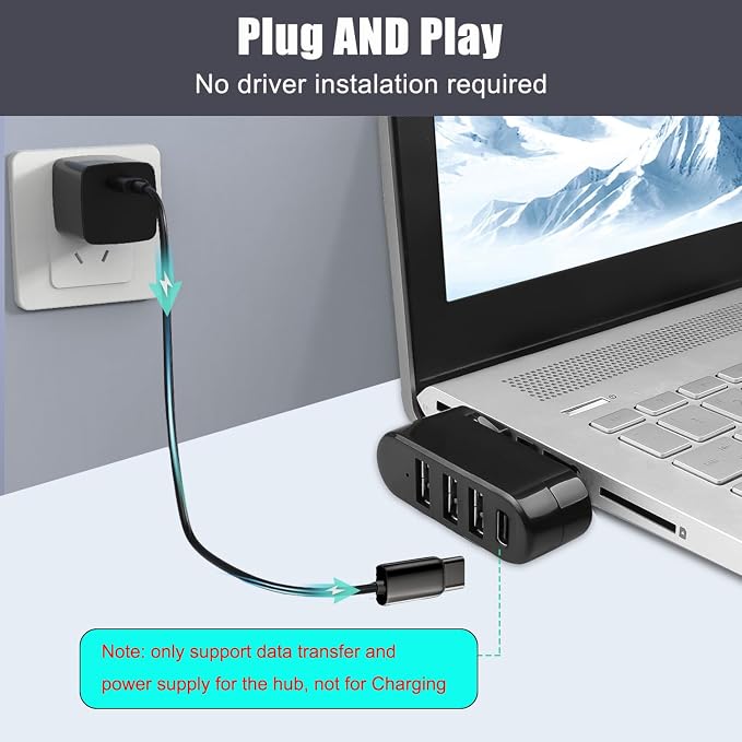 4-Port USB C Hub [90°/180° Degree Rotatable], USB C Adapter Splitter with PD-in 5W Port, USB Extender for MacBook, iMac, Surface, and More C Port Laptop(Not for Car) - Image 4