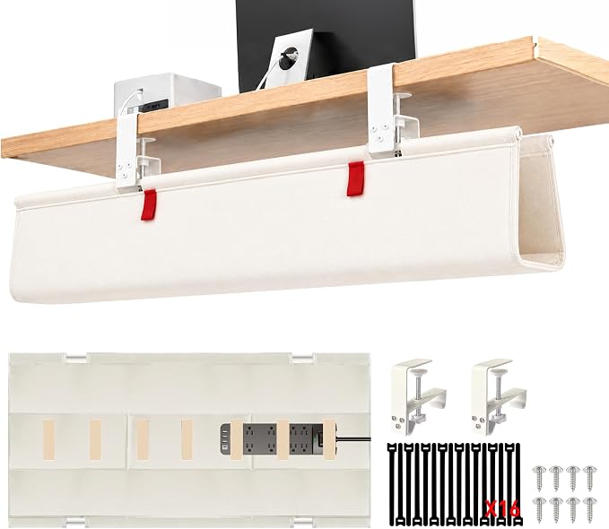 No Drill Under Desk Cable Management Tray, 36" Desk Cable Organizer | Premium Oxford Fabric Cable Management, Clamp Screw Desk Cable Management, Large Capacity Table Cable Organizer for Office by Unknown