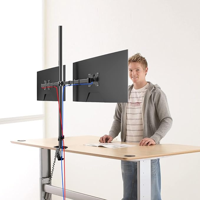 Pholiten Extra Tall Dual Monitor Stand, Dual Monitor Mount, Desk Mount up to 47 inch Pole, 2 Monitor Stand, Computer Monitor Arm, Fully Adjustable Stand for up to 27 inch Screens - Image 7