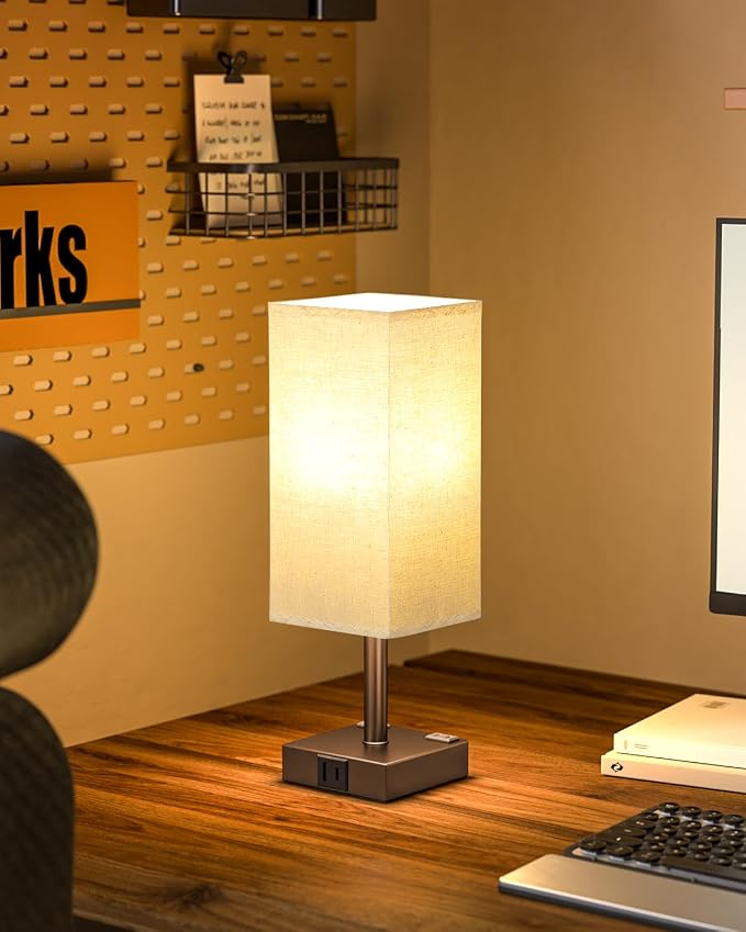 Brown Touch Table Lamp for Bedroom - Dimmable, USB C+A, 2 AC Outlets | 3-Way Dimming, 3000K Bulb Included, Square Brown Lampshade and Black Base, Desk Lamp for Nightstand, Living Room, Dorm - Image 7