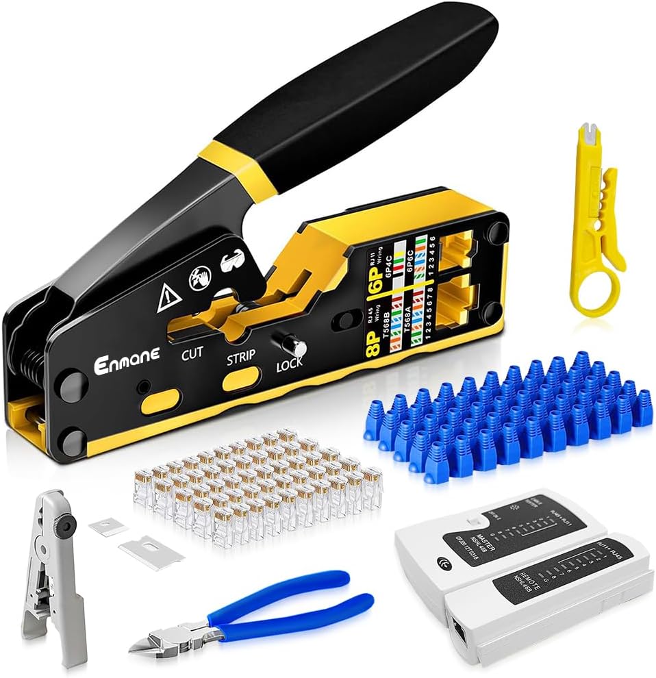 Ethernet Crimping Tool RJ45 /RJ11 Crimp Tools,CAT5 Cat5e Cat6 RJ45 Crimping Tool Kit With Multiply Cable Stripper, Blades,50PCS Cat6 Connectors, 50PCS Boots,Wire Cutter by Enmane