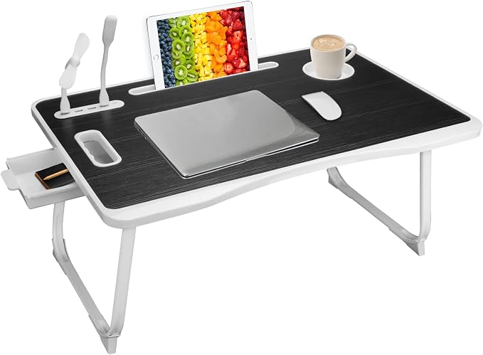 Laptop Bed Table, Laptop Desk for Bed, Foldable Laptop Bed Desk with USB Charge Port, Handle, Desktop Card Slot, Cup Slot, Side Drawer, Portable Laptop Table for Bed Eating Reading Working - Image 8