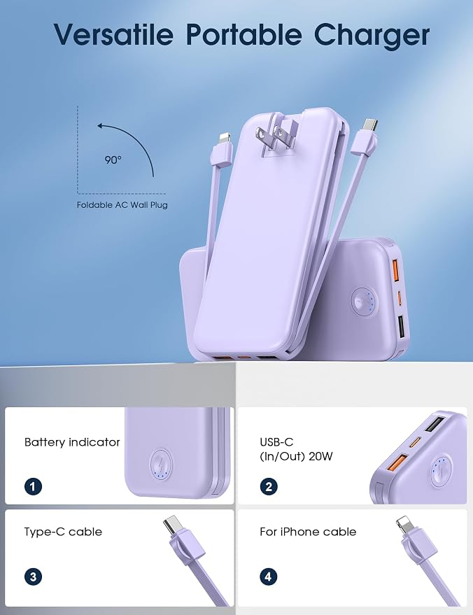 Nusyddy Portable Charger 10000mAh Fast Charging w/Built-in Wall Plug Purp. | PD20W Fast Charging, LED Indicator, Pass Through Charging, TSA Approved, Compact/Slim, Power Bank for iPhone/iPad/Samsung - Image 3