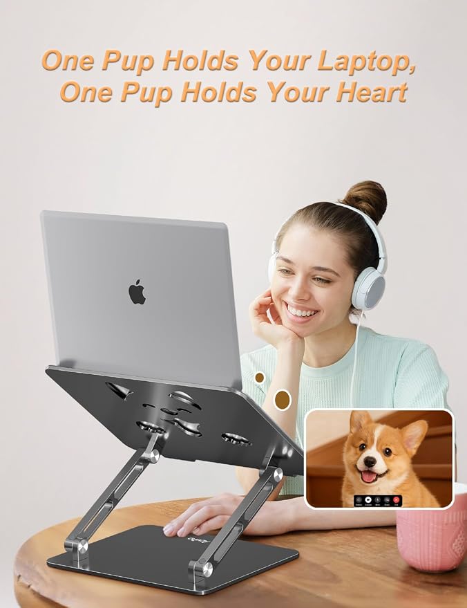 Aoviho Aluminum Laptop Stand for Desk Fit for All 10"-17.3" Laptops, Grey | Height-adjustable Notebook Holder, Ergonomic Computer Riser with Unique Puppy Cooling Vent, for Mac, Dell, Lenovo, HP - Image 7