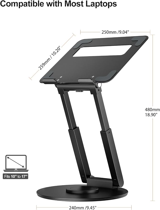 tounee Telescopic Laptop Stand for Desk with 360° Swivel Base, Sit to Stand, Height Adjustable, Portable Riser Holder for Good Posture, Compatible with MacBook Pro, All Laptops 10-17" - Black - Image 5