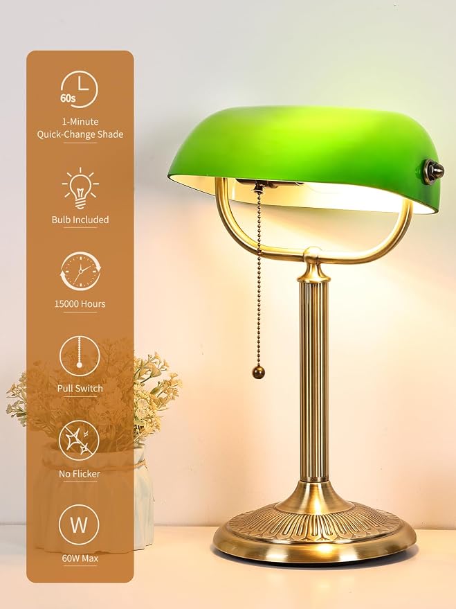 1-Minute Quick-Change Shade Classic Green Glass Bankers Desk Lamp | Study Office Library, LED Bulb Included - Image 4