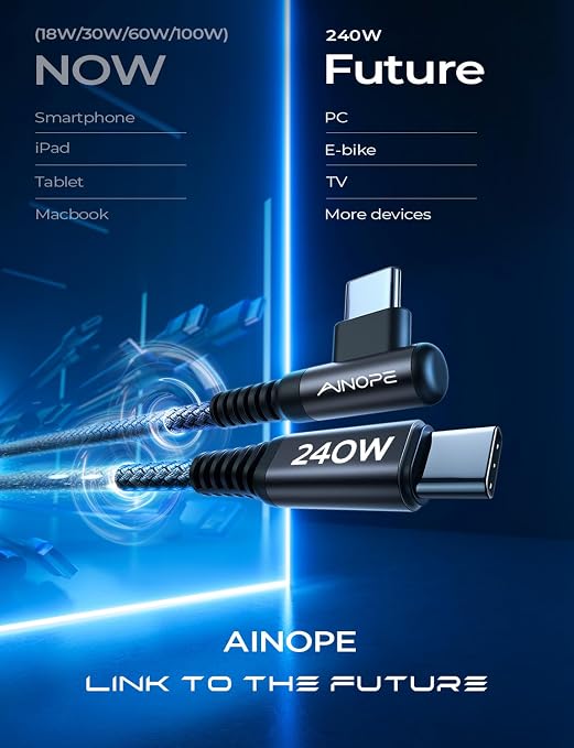 AINOPE 240W USB C to USB C Cable Fast Charging 15FT,Right Angle Fast Type C Charging Cable Fits iPhone 16 Pro Max Plus,iPhone 15,MacBook Air/Pro,iPad Pro,Samsung,Pixel,All Devices, Black, 1 Pack - Image 7