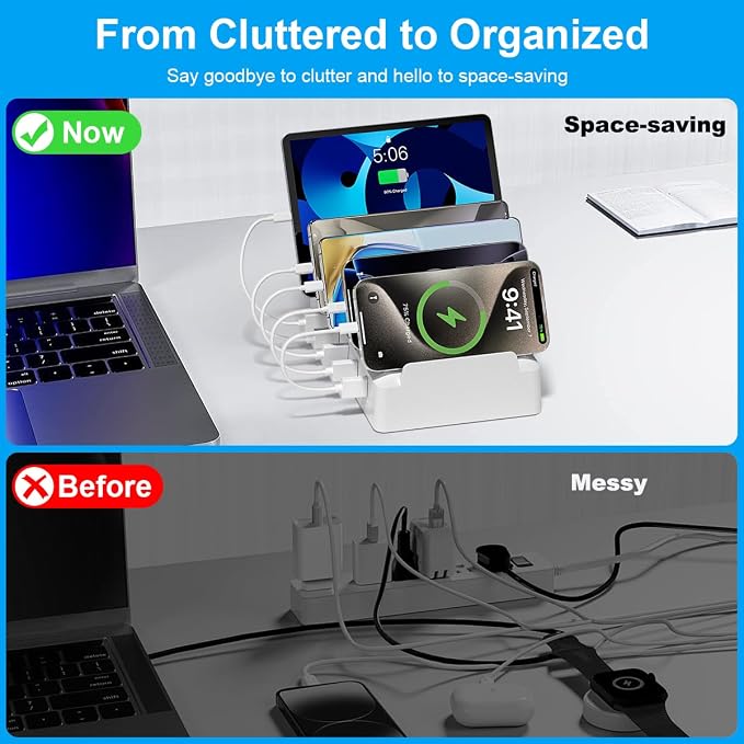 Charging Station for Multiple Devices, 6 Port USB Desktop Charger Dock Compatible with iPad, Samsung, Android, Tablet, Family Multi Phone Charging Organizer with Divider Holders, Fireproof ABS (White) - Image 2