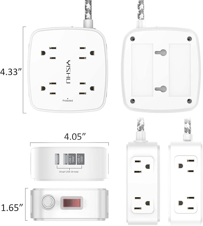Surge Protector Power Strip - YISHU 8 Outlets with 4 USB (2 USB C) Charging Ports, 6Ft Braided Extension Cord, Flat Plug Multi Plug Outlet Extender Charging Station for Home Office, ETL, White - Image 7