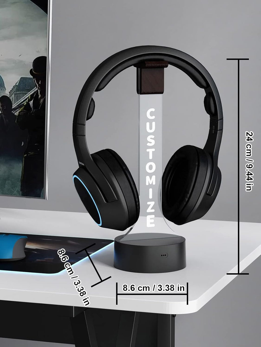 YuanDian Personalized Light up Headphone Stand for Desk, Gaming Headset Holder RGB with 16 Color Lights for Game Room Decor, Cool Gamer Gifts for Men Boyfriend (Customize) - Image 4