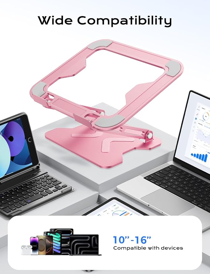 JCZT Adjustable Laptop Stand for Desk, Metal Foldable Laptop Riser, Pink | Ergonomic Portable Laptop Stand, Ventilated Cooling Computer Notebook Holder for MacBook Air Pro, All 10-16'' Laptops - Image 5
