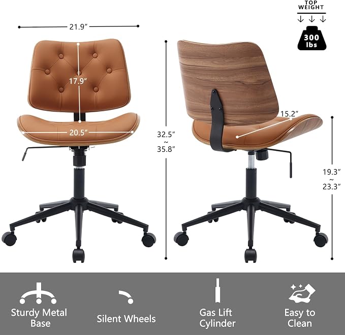 Armless Home Office Chair in Button Style, PU Leather Small, Brown | PU Leather Adjustable Height Computer Desk Chair, 360 Swivel Small No Arms Office Seat, Walnut Design Stool, 300LBS Cap - Image 2