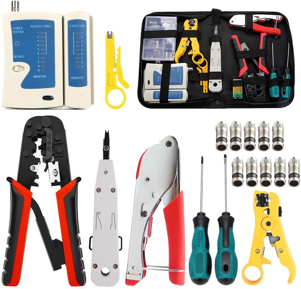 Network Tool Kit Professional Coax Crimper Tool Kit Coaxial Compression Stripping Tool Set Crimper Krone Punch Down Tool in a Zipper Case by TLS.eagle