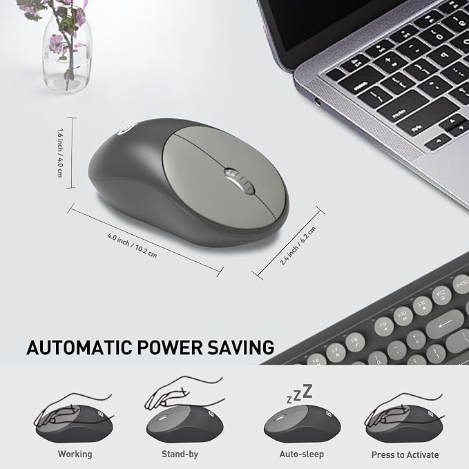 Wireless Keyboard and Mouse Combo - Cute Colorful Mouse and Keyboard 2.4G Full-Sized with 104 Round Keys Retro Typewriter Keyboards for Laptop/Windows/PC - Grey Gradient - Image 6