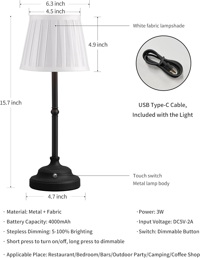 KDG Black Cordless Portable LED Table Lamp, White Fabric Shade Desk Lamp | 4000mAh Rechargeable Battery Powered Lighting, Dimmable Light for Dining Room, Bedroom, Bedside, Night Light, Balcony - Image 5