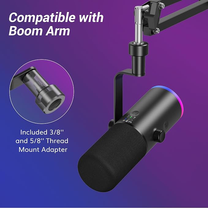 TONOR Dynamic Gaming Microphone XLR/USB Mic with AI Noise Cancellation | Desktop Stand Set, RGB, Tap Mute, 3.5mm Jack, Gain Control, Microfono for Content Creators, Black, TD510 AIR S - Image 8