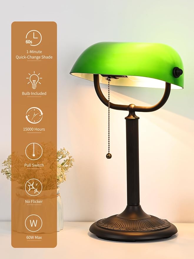 1-Minute Quick-Change Shade Antique Green Glass Bankers Desk Lamp | Study Office Library,LED Bulb Included - Image 4
