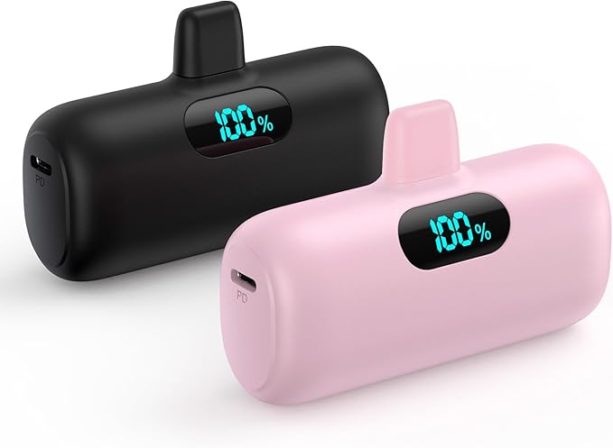 [2 Pack] Small Portable Charger for iPhone14/13, 5500mAh PD Fast Charging Power Bank, LCD Display Cute Mini Battery Pack Compatible with iPhone 14/14 Pro Max/13/13 Pro/12 Pro/11/XR/X/8-Black+Pink by Feob