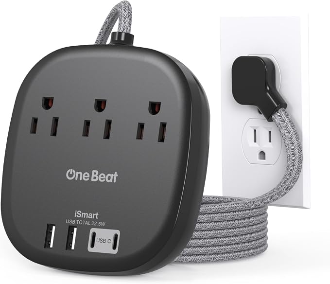 Cruise Ship Travel Essentials, 3Ft Short Extention Cord, 22.5W/4.5A, Black | 3 Outlets 4 USB Ports (2 USB C) Cruise Approved Power Strip Flat Plug No Surge Protection, Dorm Room Desktop Charging Station by OneBeat