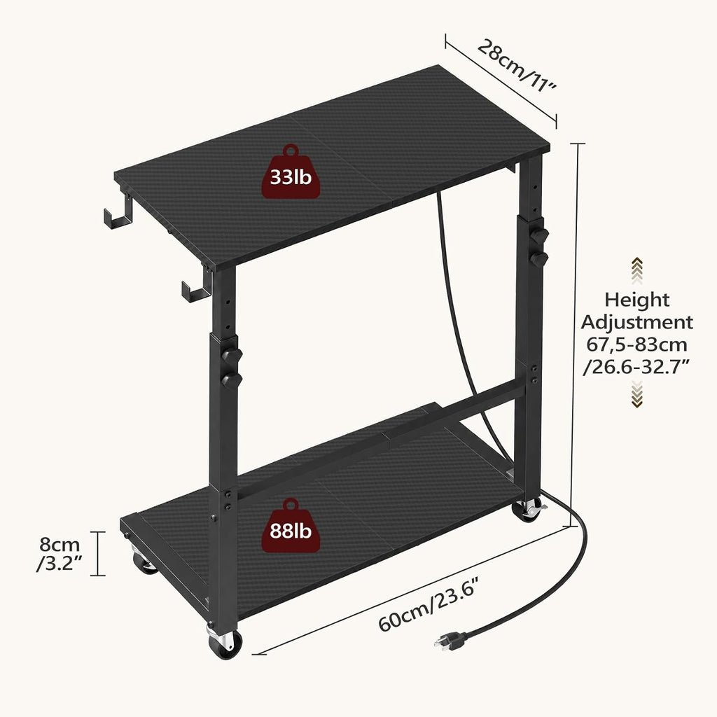 MAHANCRIS Side Table with Charging and Hooks, Rolling Couch Table, Black - Image 3