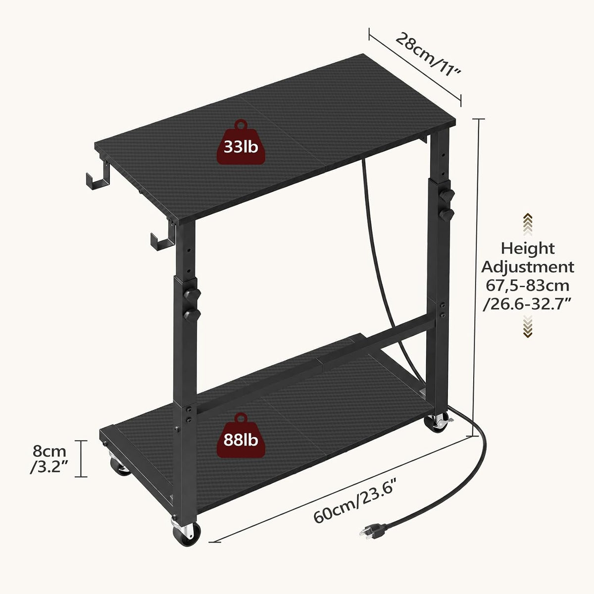 MAHANCRIS Side Table with Charging and Hooks, Rolling Couch Table, Black - Image 3