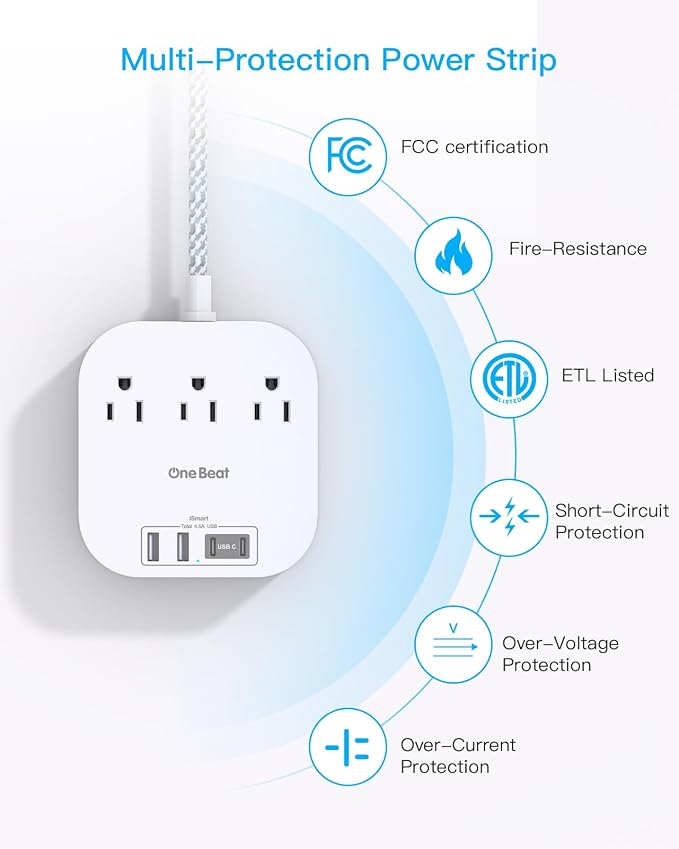 One Beat Power Strip with USB C, 3 Outlets 4 USB Ports, 15ft Extra Long Braided Extension Cord,Desktop Charging Station, Flat Plug, Non Surge Protector, Large Room Travel Cruise, ETL Listed, White - Image 4