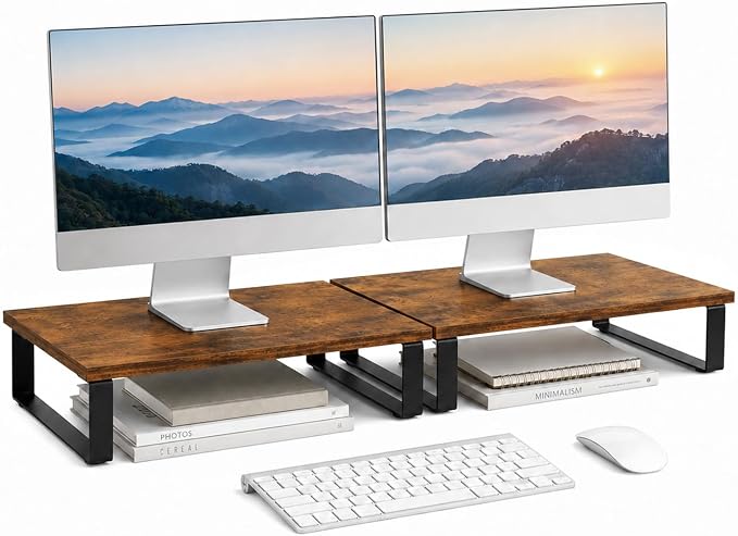 XINYAO 2 Pack Monitor Riser for Desk, Wood and Steel, 16*12*3 inch, Brown | Multi-Purpose Desktop Storage Stand for dual monitor setups, TVs, Laptop, Printer, home office use, or gift giving by XINYAODirect