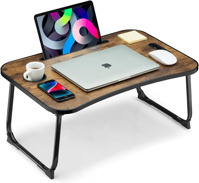 Foldable Lap Desk, Laptop Bed Desk, Portable Lap Table, Laptop Bed Table with Cup Holder & Tablet Slot & Lifting Handle for Working Writing Drawing & Eating - Rustic Brown by VIFOCAE