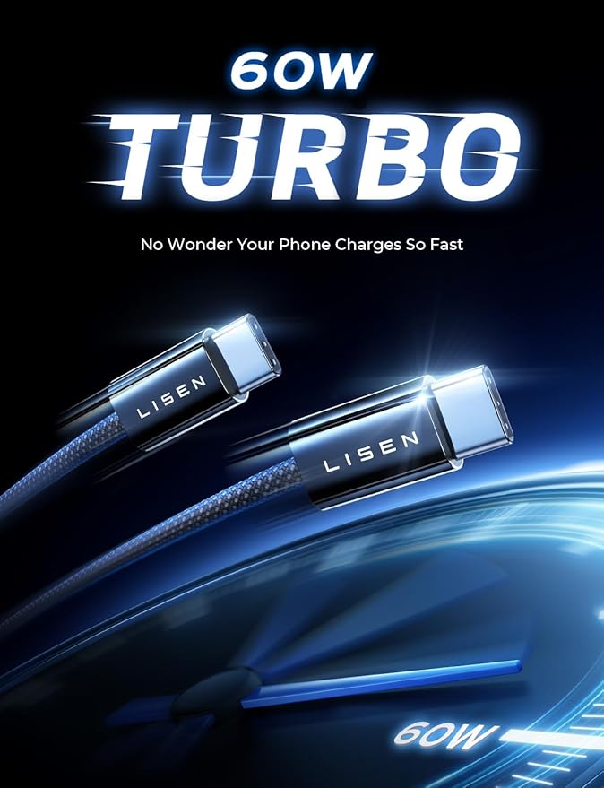 LISEN USB C Cable, 5-Pack [6.6FT] USBC to USBC Cable for iPhone 16e 15 Pro Max Charger Cord, 60W (3.1A) C to C Cable Fast Charging for Samsung S25/S24/23, Switch 2, iPad, MacBook,Black - Image 4