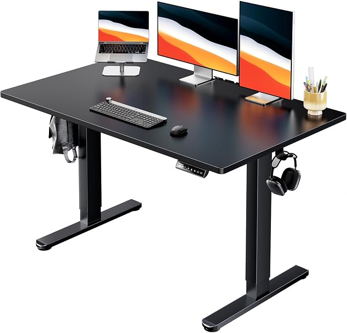 HUANUO Electric Standing Desk, Whole Piece Desktop, Adjustable Height Computer Desk, 4 Height Memory Settings, Sit Stand Up Desk for Home Office, 48" x 30", Black by HUANUO