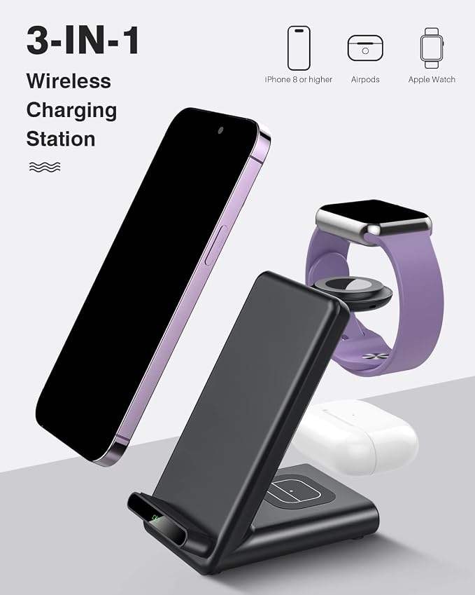 Wireless Charging Station,3 in 1 Charging Stand for Apple Multiple Devices | Fast Wireless Charger for Apple Watch Ultra 11 10 9 8 7 6 SE 5 4 3, for iPhone 17/Air/16/15/14/13/12,for AirPods Pro (Black) - Image 3