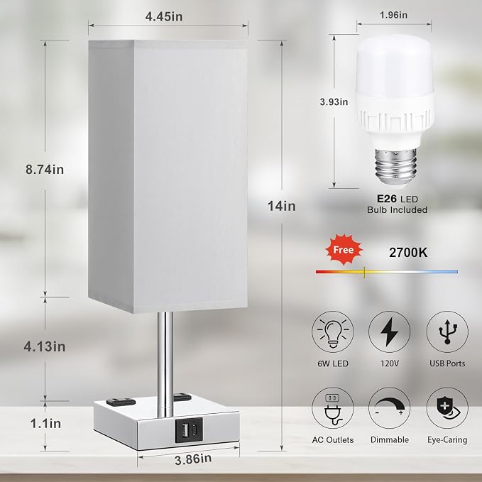 Touch Bedside Table Lamp for Bedroom - Dimmable, USB C+A, 2 AC Outlets | 3-Way Dimming, 3000K Bulb Included, Square Grey Lampshade and Silver Base, Desk Lamp for Nightstand, Living Room, Dorm - Image 6