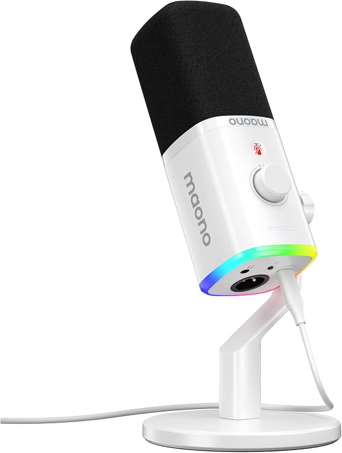 MAONO PD100X USB/XLR Podcast Microphone for PC,Gaming Streaming Dynamic Mic | Noise Reduction,Tap to Mute,Custom RGB, Maono Link Support,Volume & Gain Control,Desktop Stand,for Computer Recording, White by MAONO
