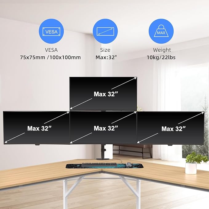 Pholiten Quad 4 Monitor Arm Desk Mount for Max 32 inch Screens, Gas Spring Adjustment Monitor Stand with VESA 75x75mm, 100x100 mm, Clamp & Grommet Install Black MD18864 | Fully Adjustment Gas Spring Arm, VESA 75x75/100x100mm, Clamp & Grommet Install, B... - Image 6