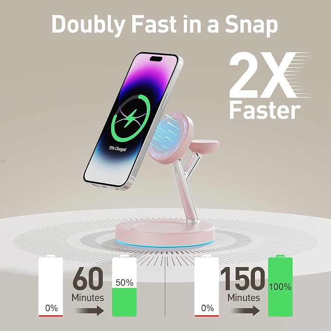 3 in 1 MagSafe Wireless Charger Stand for iPhone Apple Watch AirPods | Adjustable Blue Ambient Light,15W Magnetic Charging Station for iPhone 17 16 15 14 13 12 Series Wireless Charging Station - Image 2