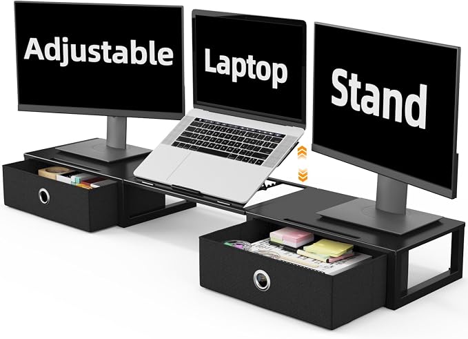 WESTREE Monitor Stand Riser with Adjustable Laptop Stand Riser, Steel Frame Dual Monitor Stand with Two Drawers for 2 Monitors, Desktop Oraganizer Stand for Computer,Laptop,Screen by WESTREE
