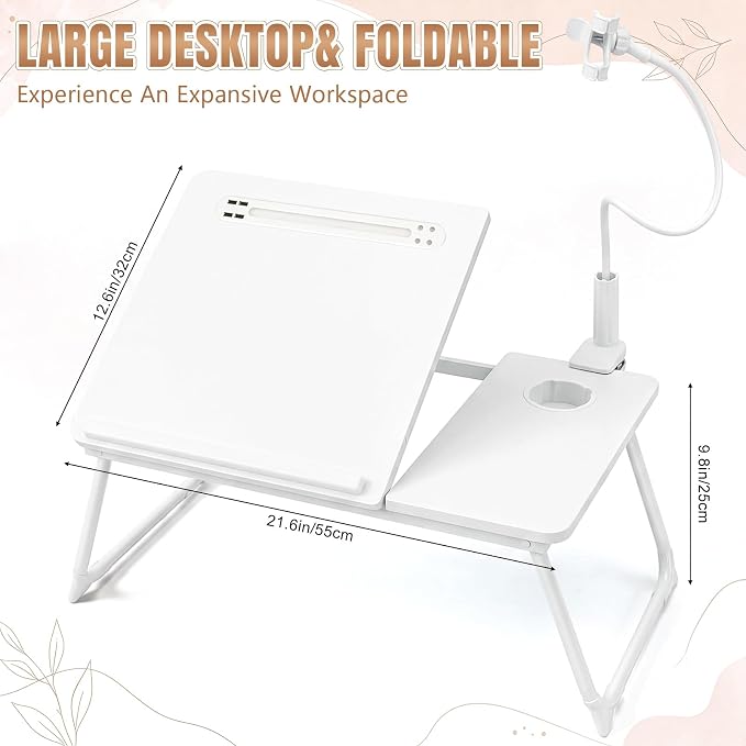 Nuanchu White 2 Pcs 23.6 in Laptop Desk for Bed with Adjustable Stand, Lap Desks for Adults, Bed Tray with Drawer & Phone Holder, Dorm Room, College Dorm (5 Gears) - Image 3