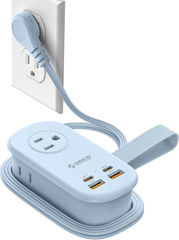 ORICO 65W GaN Travel Power Strip with Flat Plug and 4FT Extension Cord | 7-in-1 Charging Ports (3 AC Outlets/2 USB-A/2 USB-C), Fast Charger for MacBook Pro/Air, iPad Pro, iPhone 17/16/15- AP3 by ORICO