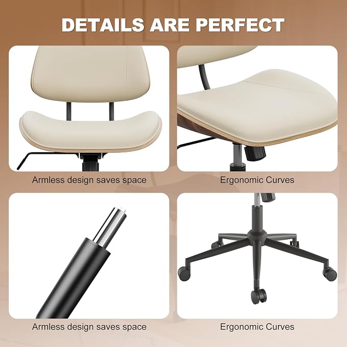Armless Office Chair with Wheels, PU Leather Desk Chair, Beige | Adjustable Height Task Chair, 360° Swivel Ergonomic Computer Chair for Small Space, Modern Walnut Style, Home & Meeting Room - Image 4