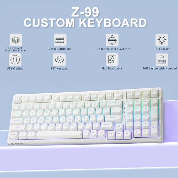 HUO JI E-Yooso Creamy Mechanical Keyboard Wired, RGB Backlit, White | Hot Swappable, Pre-lubed Linear Switches, Gasket Structure, Sound Dampening Foam, 99 Keys Custom Gaming Keyboard for PC/Mac - Image 2