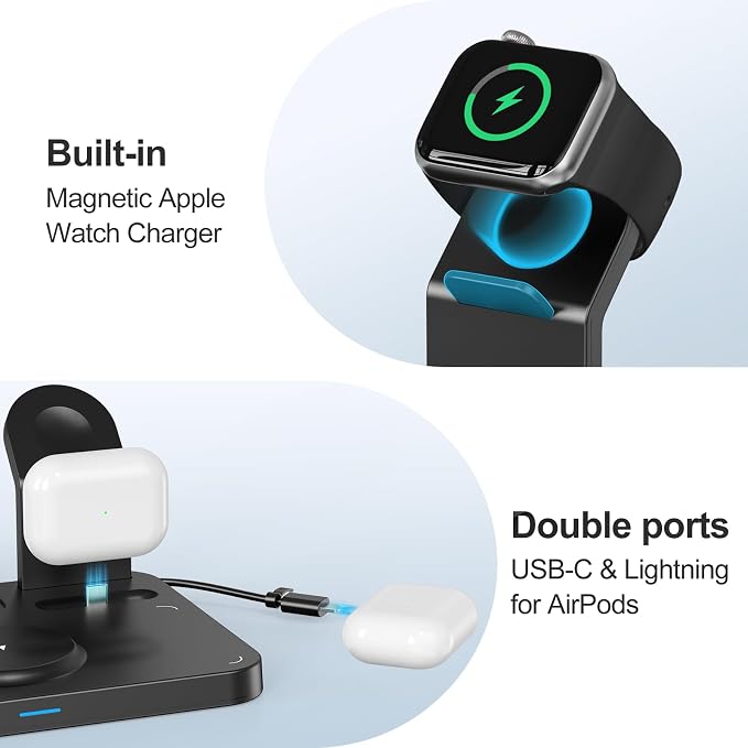 ANJANK Wireless Charging Station,5 in 1 Multiple Charger Stand with Alarm Clock,7 Night Light,Magnetic Charging Dock for iPhone 17 16 15 14 13 12 Pro Max Plus,Apple Watch 11/10/9/8,for Airpods,Bedroom - Image 5