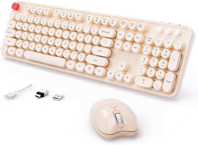 Wireless Keyboard Mouse, MOFII 104 Keys Cute Retro Typewriter Coffee | With OTG & Long Clean Bruch,Compatible With All windows and Type C Computer,1600DPI,Ideal For PC, Home, Office and College by MOFII