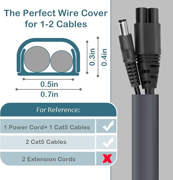 ZhiYo Wire Covers for 2 Cords, Wire Hider on Wall Mounted, 68in Cord Cover Kit, Cable Cover Paintable, Cable Concealer for Extension Cord, Ethernet Cable, Speaker Wire Hider, Grey W0.7in H0.4in - Image 2