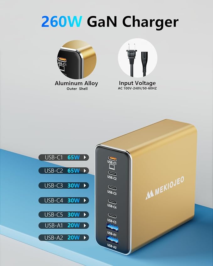 MEKIOJEO Aluminum Alloy 260W USB C Charger GaN Fast USB C Charging Station | 7 Ports 65W Laptop Charger for MacBook Pro/Air/iPad Pro/iPhone - Image 3