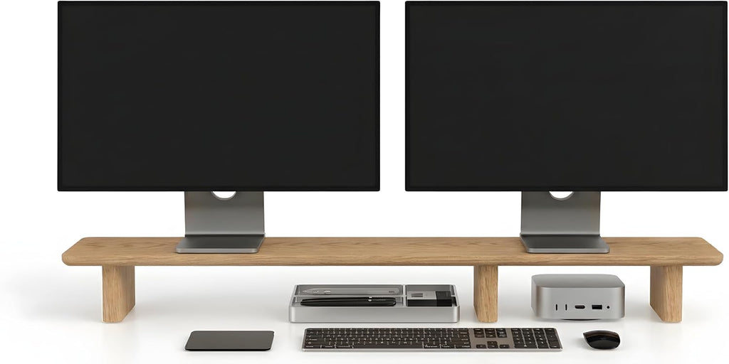 White Oak Dual Monitor Stand Riser - 43.3" Wooden Monitor Stand for 2 Monitors, Minimalist Desk Shelf Organizer for iMac, Laptop & Ultrawide Displays - Image 3