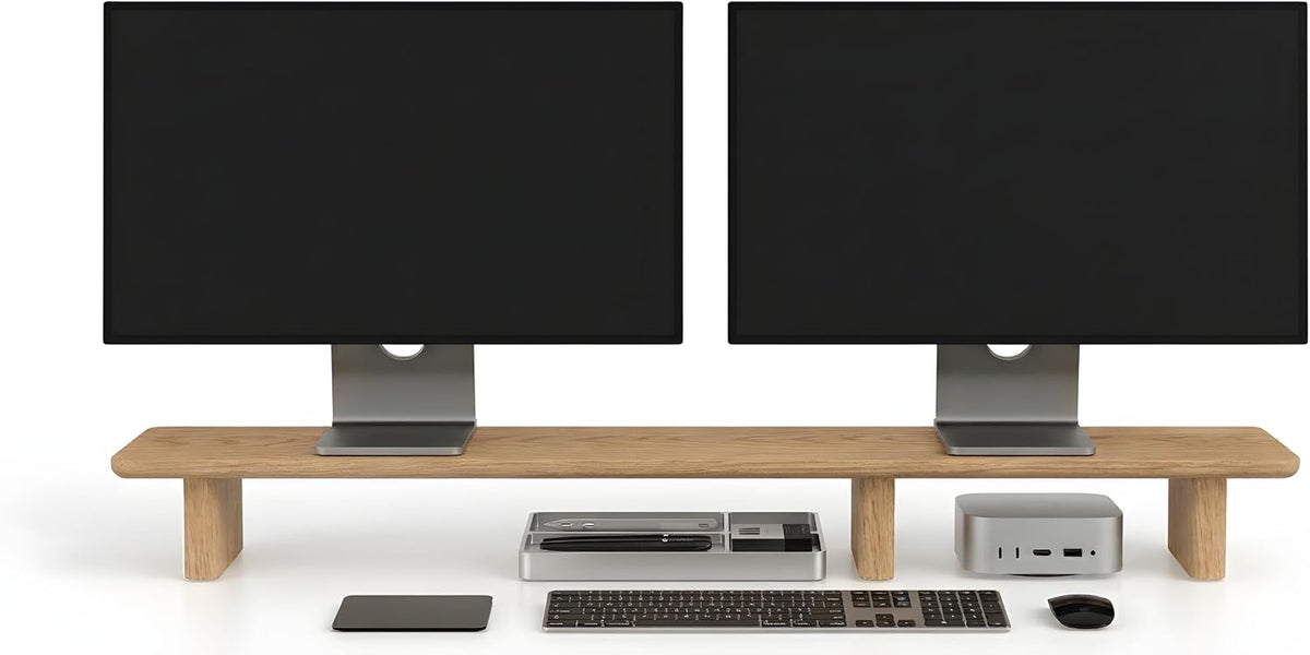 White Oak Dual Monitor Stand Riser - 43.3" Wooden Monitor Stand for 2 Monitors, Minimalist Desk Shelf Organizer for iMac, Laptop & Ultrawide Displays - Image 3