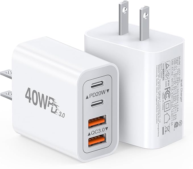 [2-Pack] 40W USB C Charger Block, 4-Port Type C Fast Charging Brick | 2 USB C and 2 USB A Compact Travel Wall Plug Power Adapter for iPhone 17/16/15/14/13 Pro/iPad Pro, Pixel, Galaxy & more by CSODINCE