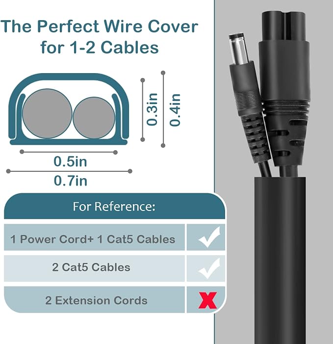 ZhiYo 43" Cord Covers for Wires on Wall, Black Cord Hider, 0.7" W x 0.4" H | Fits 2 Cords, Premium Paintable Raceway for Wall-Mounted TV, Self-Adhesive Wire Hider for Extension Cords & Ethernet Cables - Image 2