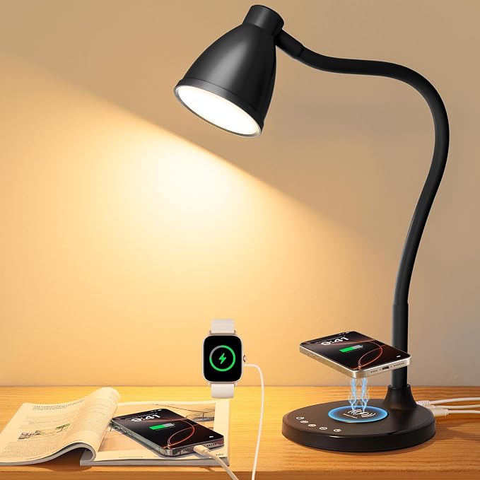 BOHON Desk Lamp for Home Office with USB C+A Charging Ports Timer Black | LED Desk Light with Wireless Charger 5 Colors Stepless Dimming Reading Light Touch Bedside Table Lamp for College Dorm Room by BOHON