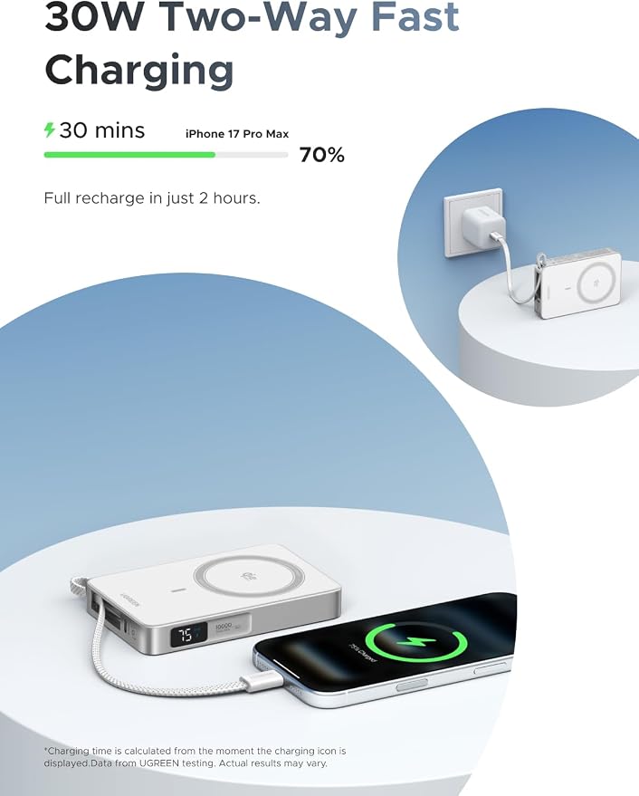 UGREEN MagFlow 10000mAh Qi2 25W Wireless Power Bank Built-in Cable | Qi2 25W wireless, built-in cable, 30W PD wired. MagSafe compatible. White for iPhone 17/12 - Image 3